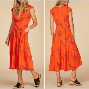 Free People Retro coral orange floral print midi dress. Womens. Sz 2